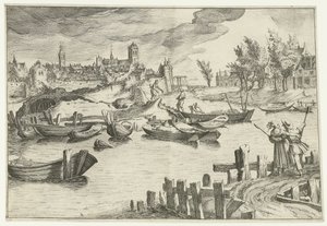 Paisagem fluvial com uma cidade ao fundo Paisagens com figuras (título da série) de Simon Frisius