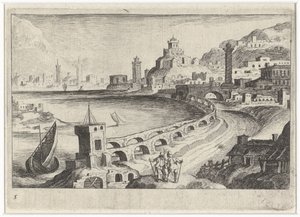 Arquitetura da cidade com um aqueduto Paisagens do sul da Europa (título da série) Topographia variaum regionum (título da série) de Simon Frisius