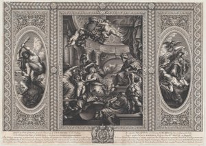 Uma cena alegórica mostrando os benefícios do reinado de James no centro, Wise Government vagabundo..., 1720.
