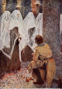 O cavaleiro escocês de joelhos viu as freiras de véu passarem, ilustração de "O Talismã: Um Conto dos Cruzados", de Sir Walter Scott.