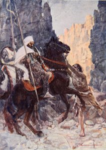 O cavaleiro escocês Sir Kenneth com o Sarraceno, surpreendido por Hamako enquanto cavalgavam no Vale da Sombra da Morte, ilustração para "O Talismã": A Tale of the Crusaders