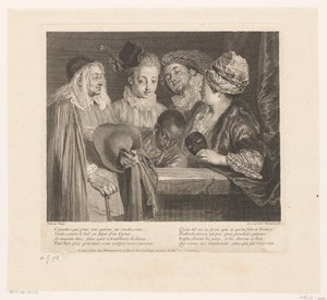 Gezelschap van vijf atores bijeen parapet As coquetes Obra de Antoine Watteau (título da série) A obra de Antoine Watteau, pintor do rei na sua Academia Real de Pintura e Escultura (...) (título da série) de Simon Henri Thomassin