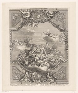 Pintura de teto em Versalhes: Apollo distribui recompensas para Artes e Ciências, Minerva coroa o gênio da França de Simon Henri Thomassin