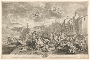 Vítimas da peste bubónica são abatidas em La Tourette, Marselha
La Peste dans la ville de Marseille en 1720 (título sobre o objecto) de Simon Henri Thomassin