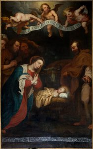 Igreja Paroquial (Parochiekerk Sint-Laurentius). Interior. Corredor norte. O altar. A pintura. "O Nascimento de Cristo". gesigneerd Simon de Pape. 1666.