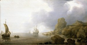 Barcos nas águas pouco profundas de uma baía rochosa, uma visão romântica e idealizada. Óleo sobre madeira, de Simon de Vlieger (1600-1653).