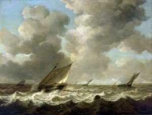 Barcos de pesca em mar agitado, na linha do horizonte é visível a costa holandesa. Óleo sobre madeira de Simon Jacobsz. Vlieger