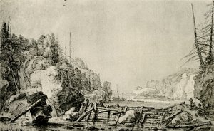 Paisagem, com, um, rio, entre, montanhoso, bancos de Simon de Vlieger