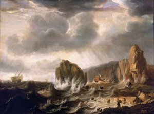Naufrágio numa costa rochosa. Óleo sobre madeira