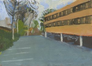 Escritório e parque de estacionamento, 2024 (acrílico sobre papel) de Simon Neville