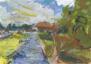 Pavenment  shortcut to houses, 2024 (acrílico, aguarela, lápis de aguarela e pastel de óleo sobre papel) de Simon Neville