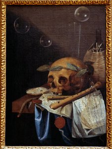Vanita vida de caveira coroa de louros, flautas, partitura e jarro de vinho. Pintura de Simão Bernardo de Santo André (1613-1677) Sol do século XVII. 0,6x0,43 m Lyon, Musee des Beaux Arts