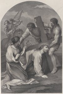 Cristo caiu no chão sob o peso da cruz, com dois homens ajudando e ..., ca. 1729. de Simon Vallee