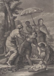 Três mulheres puxando a cesta com o bebê Moisés da água, ca. 1729. de Simon Vallee