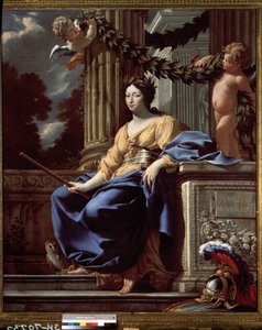 Retrato alegórico de Ana da Áustria (1601-1666). A rainha de França é representada como a deusa Minerva (Athena) rodeada pelos seus atributos (capacete, escudo, coruja e cinto com a máscara da Medusa). A inscrição de Simon Vouet