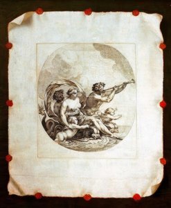 Trompe l&39;oeil com gravura em chapa de cobre da Galatea de Simon Vouet