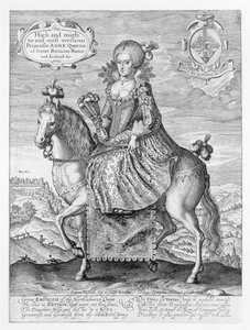 Retrato equestre de Ana da Dinamarca (1574-1619) gravado pelo artista, pub. de Compton Holland, 1616