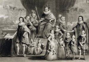 Sua Majestade Tiago I e sua progênie real junto com a Família do Rei da Boêmia, gravada por Charles Turner (1773-1857), 1814