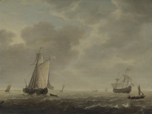 Um homem de guerra holandês e vários navios em uma brisa, c. 1640