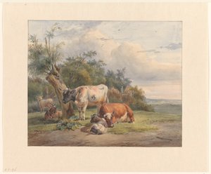Paisagem com gado por uma árvore