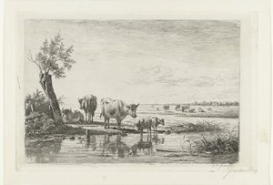 Paisagem de pastagem com vacas perto da água