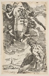 Alegoria do rio Foglia com o brasão da cidade de Pesaros, frontispício para ..., ca. 1639 de Simone Cantarini