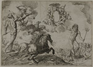 Júpiter, Netuno e Plutão oferecendo suas coroas aos braços do cardeal Borghese de Simone Cantarini