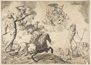 Júpiter, Netuno e Plutão oferecendo suas coroas aos braços do Cardeal Borghese, 1642-43. de Simone Cantarini