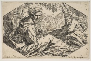 Descanse no Egito, Maria segurando e olhando para o bebê Cristo, enquanto São José ..., ca. 1637-1639. de Simone Cantarini