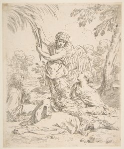 Descansar no Egito, Maria amamentando o bebê Cristo enquanto um anjo puxa galhos de árvores, ca. 1639 de Simone Cantarini