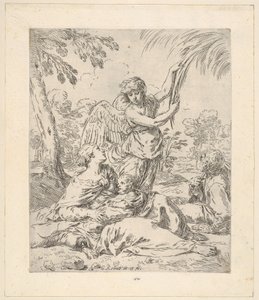 Descansar no Egito, Maria amamentando o bebê Cristo, enquanto um anjo puxa o galho de árvore ..., ca.1630-1648. de Simone Cantarini
