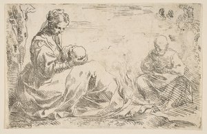 Descanse na fuga para o Egito, Maria segurando e olhando para o bebê Cristo enquanto St ...., ca. 1637 de Simone Cantarini