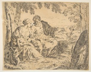 Descanse na fuga para o Egito, Maria segurando o infante Cristo enquanto São ..., ca. 1637-1639 ou depois. de Simone Cantarini