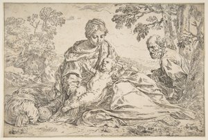 Descanse na fuga para o Egito, Maria segurando o menino Cristo com São José à direita, ca. 1640. de Simone Cantarini