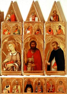 Santa Catarina de Alexandria, São João Baptista, São Pedro de Verona. Detalhe de Santa Catarina de Alexandria Polyptych (tempera e ouro sobre madeira de Simone Martini