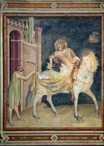 São Martinho partilha o seu casaco com um mendigo. Fresco por Simone Martini (1282-1344). 1315. Basílica Baixa de São Francisco de Assis, Capela de São Martinho. Sente-se.