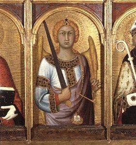 São Miguel, detalhe do retábulo da SS Geminianus, Miguel e Agostinho, c.1319 (tempera com ouro e prata no painel) (detalhe de 58835) de Simone Martini