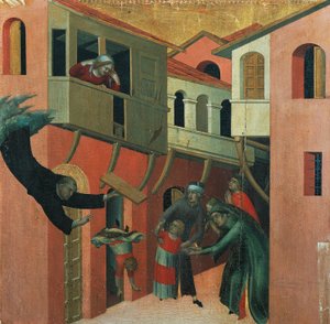 O milagre do bebê que caiu da varanda, detalhe do retábulo intitulado Beato Agostino Novello e histórias de sua vida, ca. 1330, de Simone Martini (1283-1344), óleo sobre tela, 200x256 cm