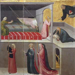 O milagre da criança cai de seu berço: as três mulheres falando no fundo da cena. Parte do tríptico História do Eremitério de Santo Agostinho (Tempera sobre madeira