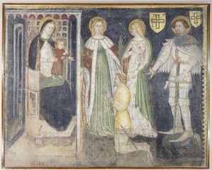 Madonna e Criança com Santa Catarina, Santa Úrsula, São Jorge e o Patrono, Teodórico de Chur de Simone da Corbetta
