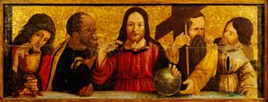 Última Ceia, pormenor da predela de um políptico de Simone da Firenze, pintura sobre madeira, Igreja dos Santos Pedro e Paulo, San Chirico Raparo, Potenza, Itália. de Simone da Firenze