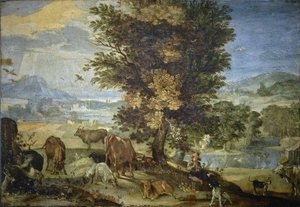 Paisagem com Pastor e Animais (óleo sobre cobre) de Sinibaldo Scorza