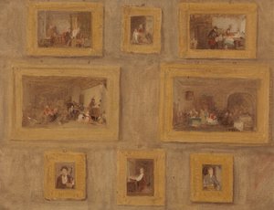 A única criança; A harpa do judeu; O dedo cortado; O Buff do cego; O dia de aluguer; A flauta escocesa; O Prieu-Dieu; e Auto-retrato: Um Esboço das Oito Pinturas emolduradas e Penduradas num Muro