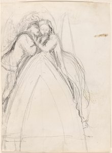 Desenho de um arco gótico com o artista e Effie Ruskin abraçados (frente); Desenho de um arco gótico com Effie como um anjo (verso)