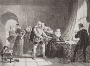Maria Rainha dos Escoceses (1542-1587), obrigada a assinar sua abdicação no Castelo Lochleven em 1567, de "Ilustrações da História Escocesa e Inglês", Volume I de Sir William Allan
