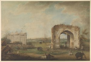 Vista de uma Mesquita e Porta de entrada em Motijhil, c.1814-23 (aguarela opaca sobre papel) de Sita Ram (attr. to)
