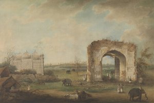 Vista de uma mesquita e de um portal em Motijhil, ca. 1814-23. de Sita Ram.