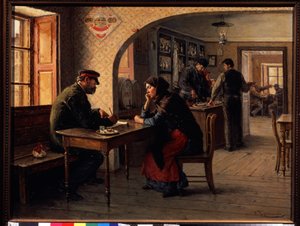 Uma petição. Num café, uma mulher fala com um soldado do Exército Vermelho que preenche um formulário para ela. Atrás deles, a azáfama comum de um café. Pintura de Solomon Yakovlevich Kishinevsky (Kishinevsky) (1863-1941), óleo de Solomon Yakovlevich Kishinevsky