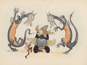 Ilustração para "Little Twin Dragons" de S Rosamond Praeger (litografia a cores)