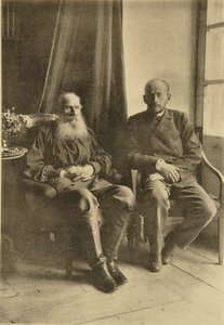 Autor russo Leo Tolstoy com seu filho Leo, Rússia, 1899